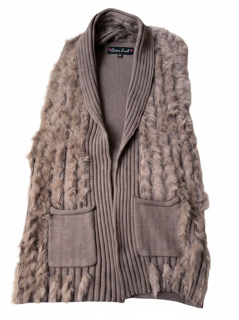 Love & Luck Taupe Faux Fur Knit Cardigan Vest